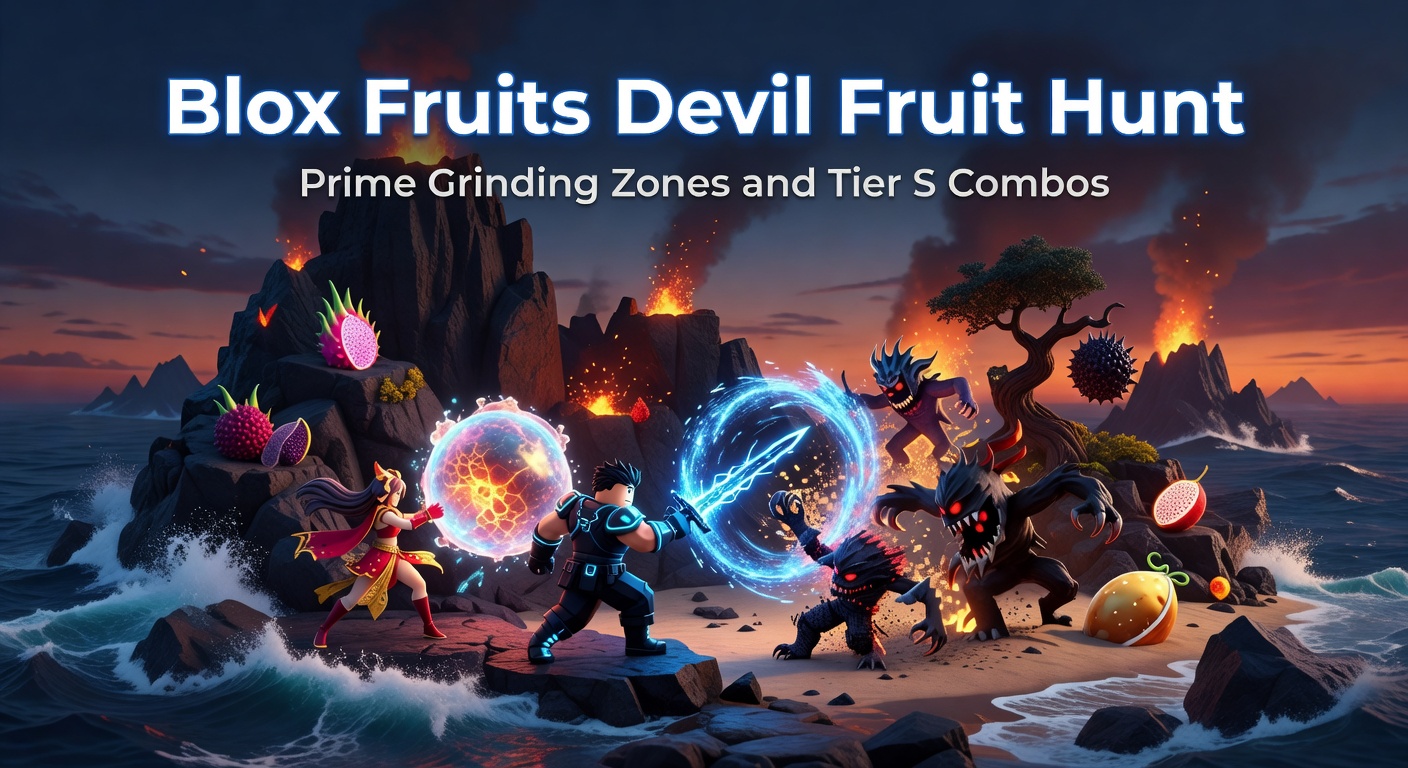 Vibrant screenshot of a player grinding in a lush Blox Fruits island zone with Devil Fruits glowing nearby
