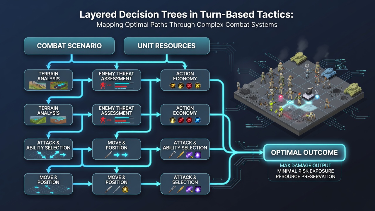 Screenshot of in-game tactical overlay displaying decision tree paths over a battlefield grid